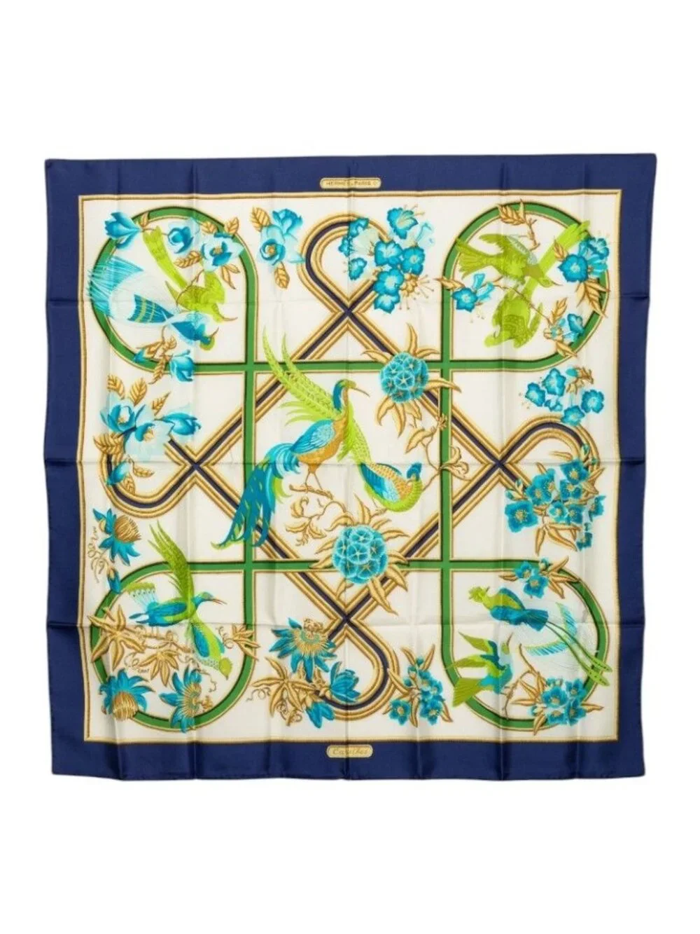 Hermes Carre 90 Caraibes Caribbean Bird Scarf Navy White Silk